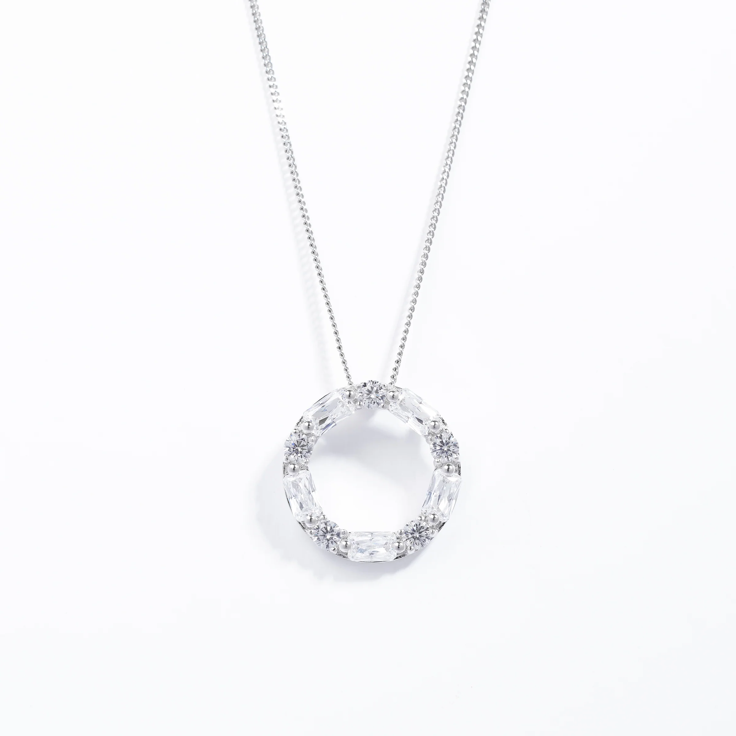 Sterling Silver Round And Baguette Zirconia Slider Pendant