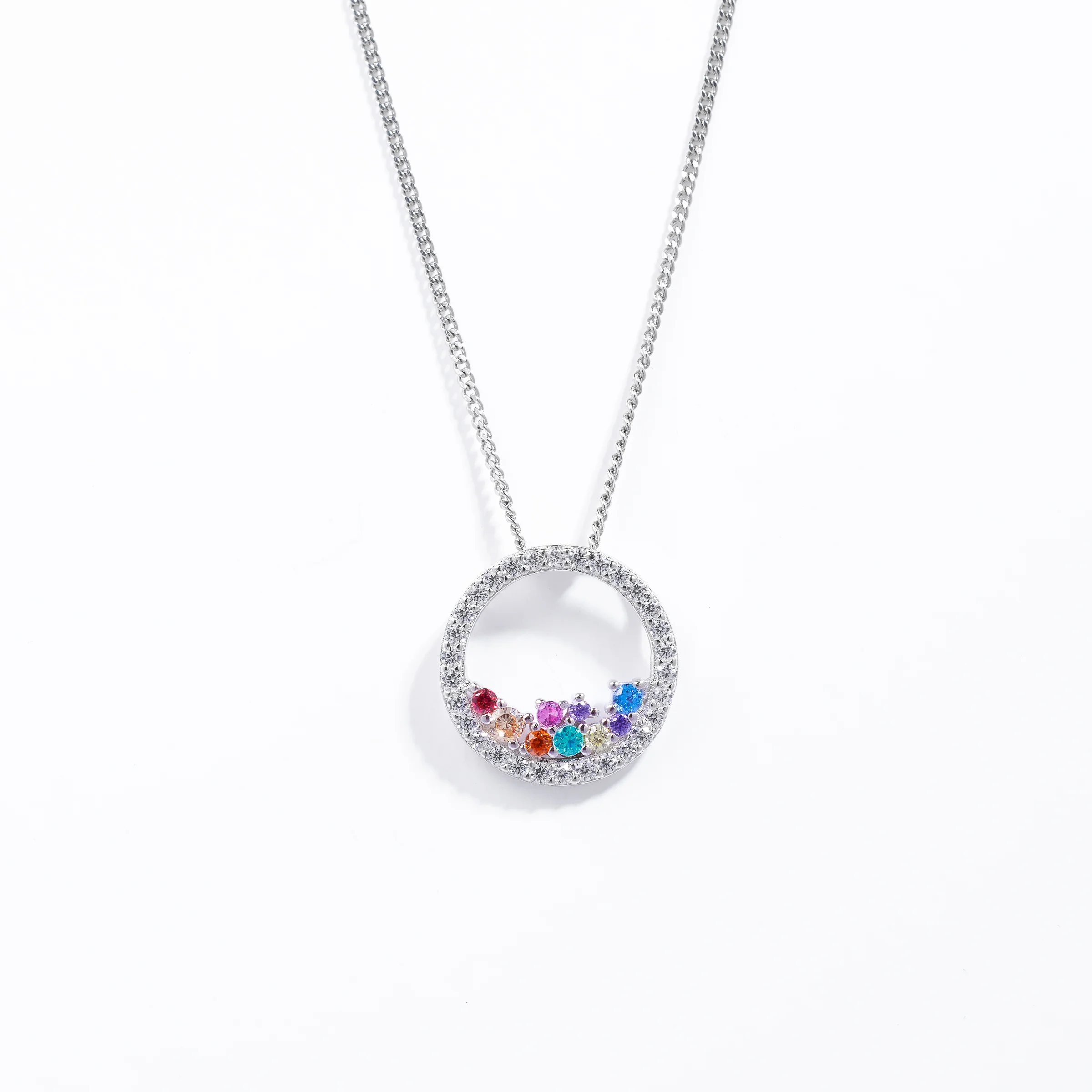 Sterling Silver Scattered Bright Coloured Zirconia Open Circle Pendant