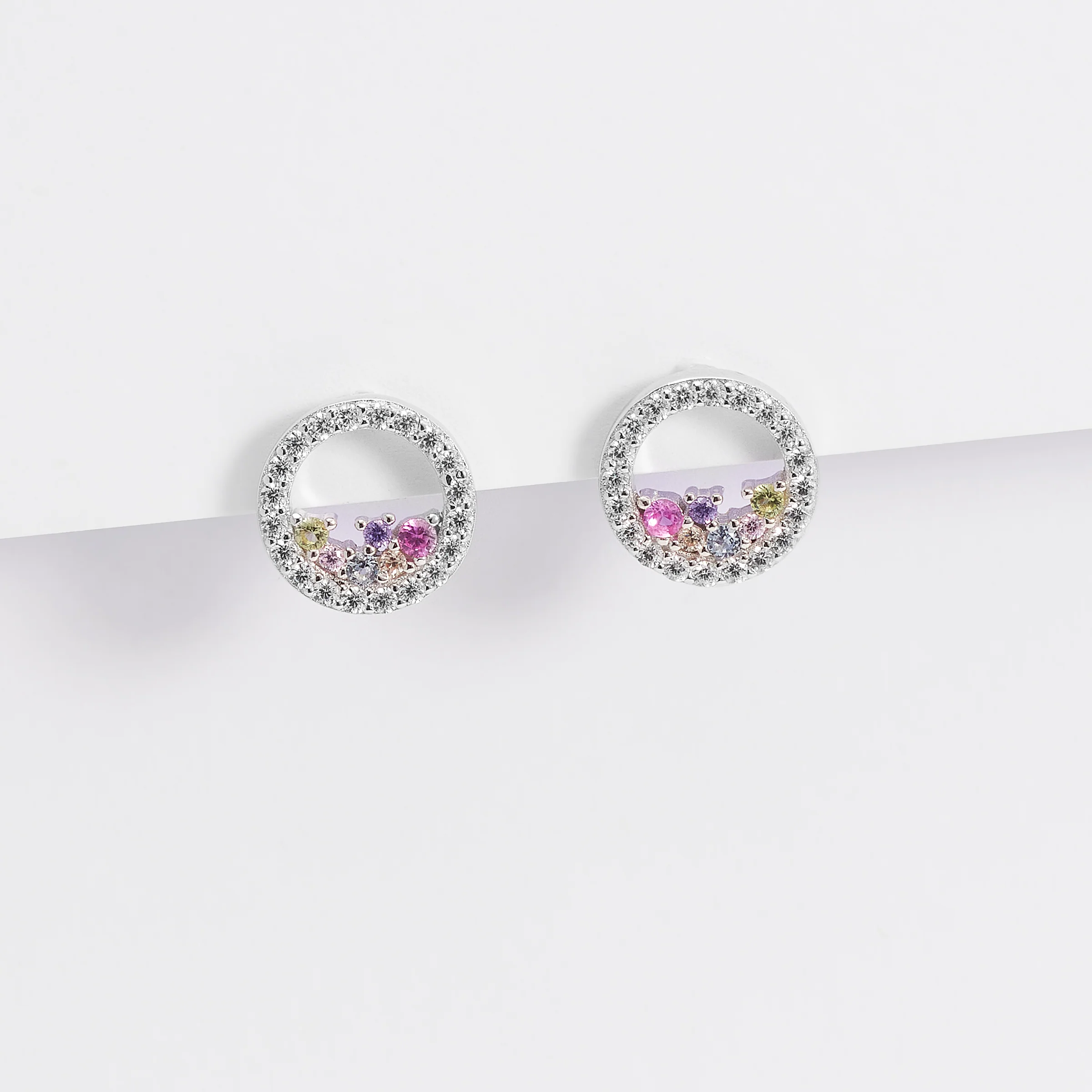 Sterling Silver Scattered Pastel Zirconia Open Circle Stud Earrings 10mm