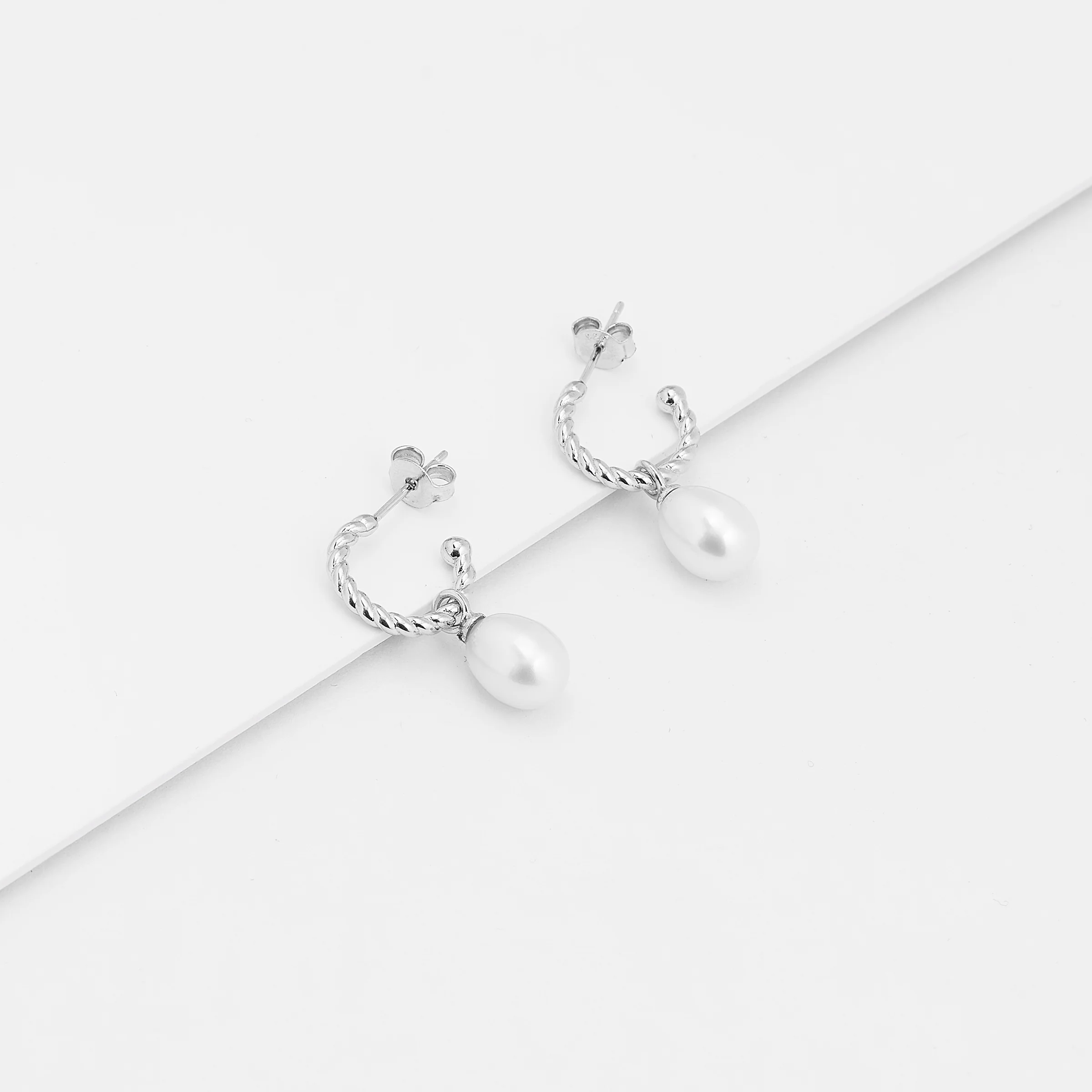 Sterling Silver Twist Hoop Earrings With Freshwater Pearl Drop