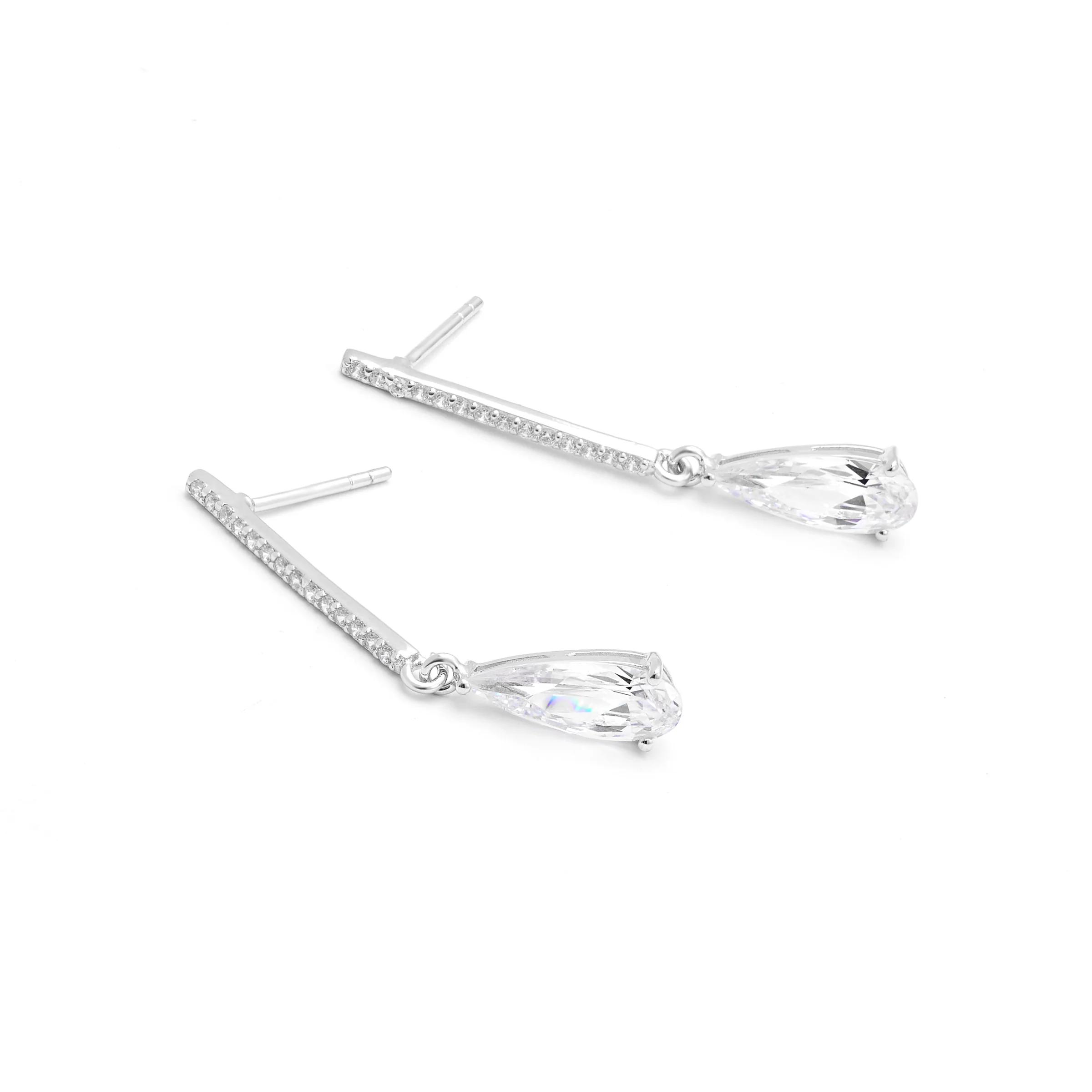 Sterling Silver Zirconia Long Bar With Pear Drop Stud Earrings 37mm