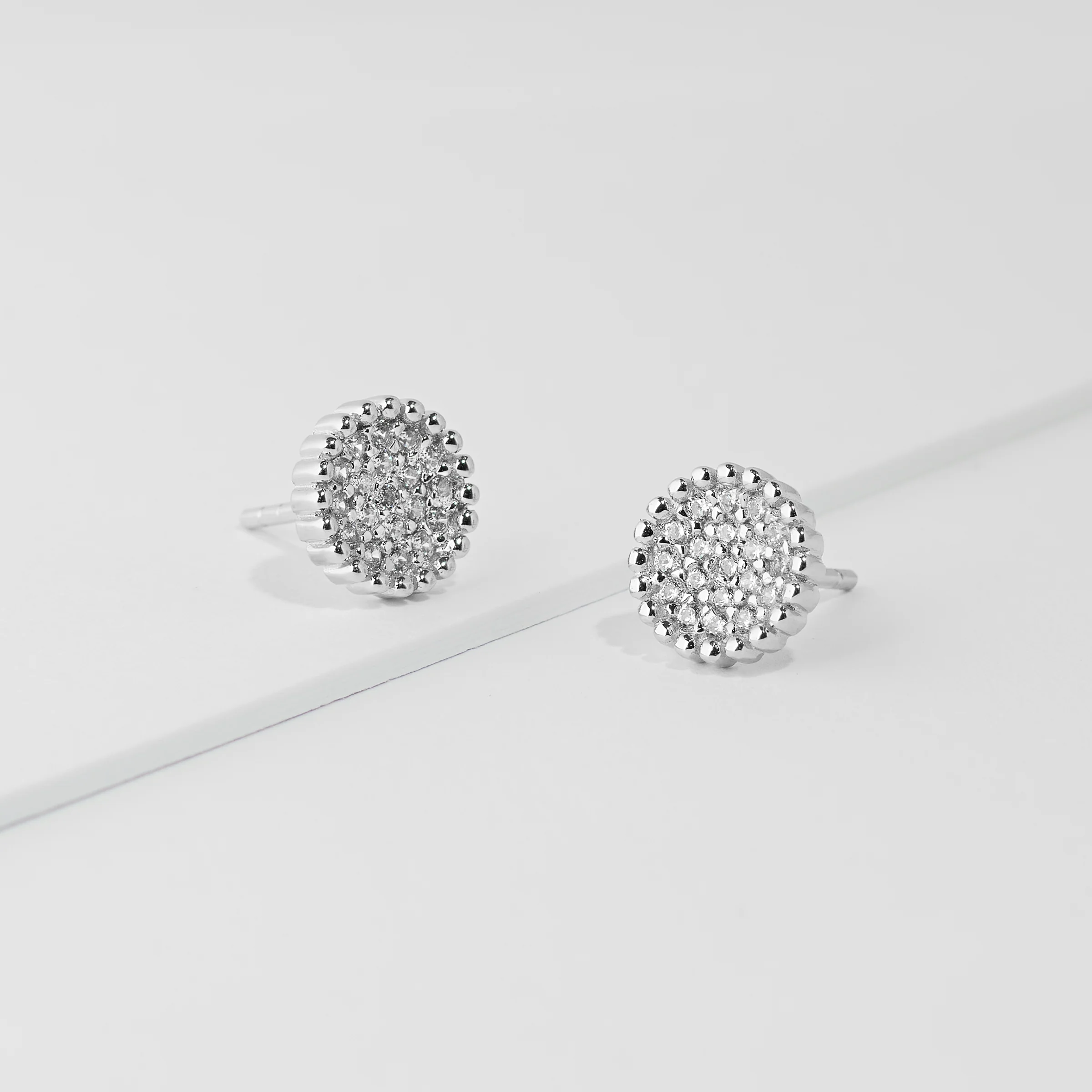 Sterling Silver Zirconia Pave Crown Set Stud Earrings 8.7mm