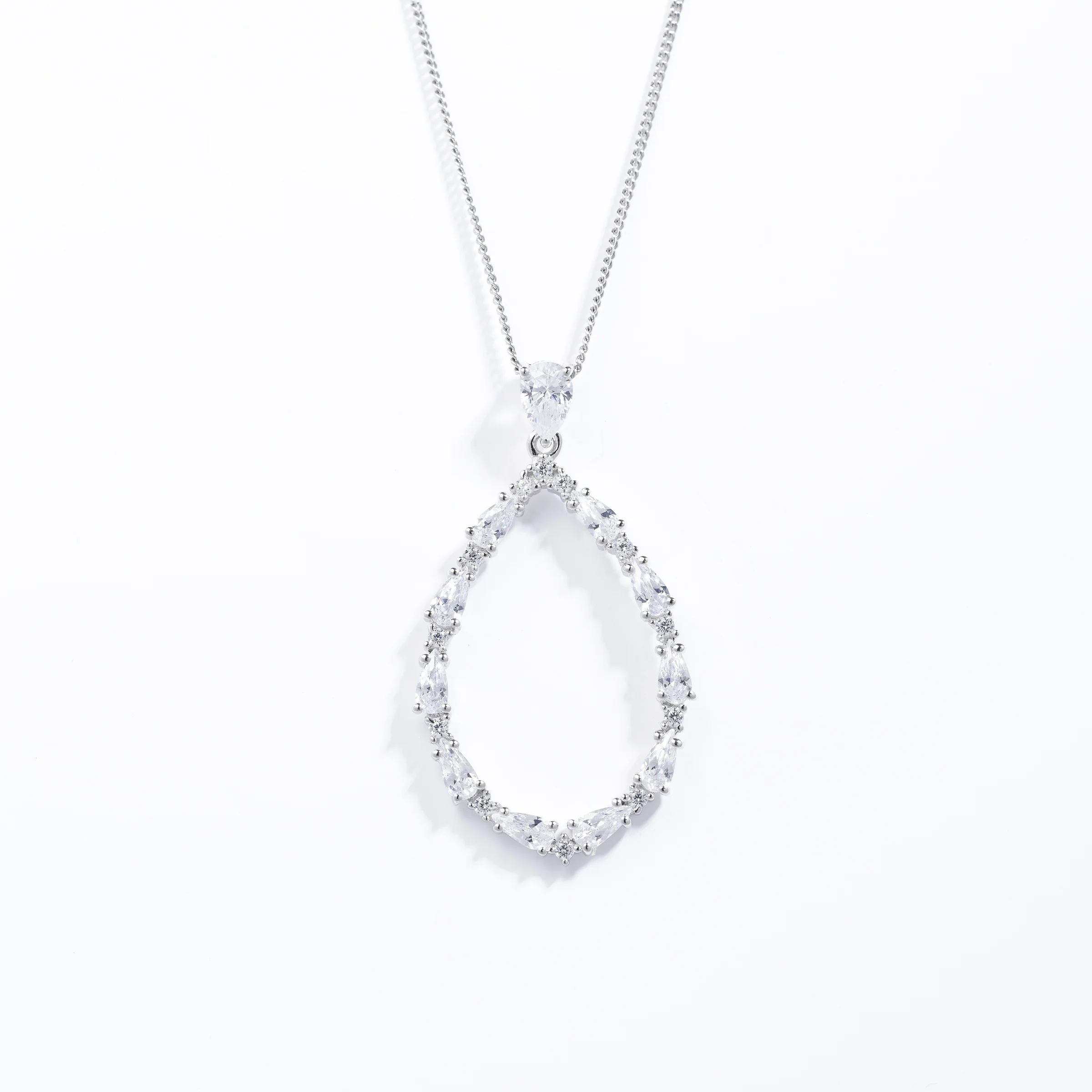 Sterling Silver Zirconia Pear and Round Brilliant Open Teardrop Pendant